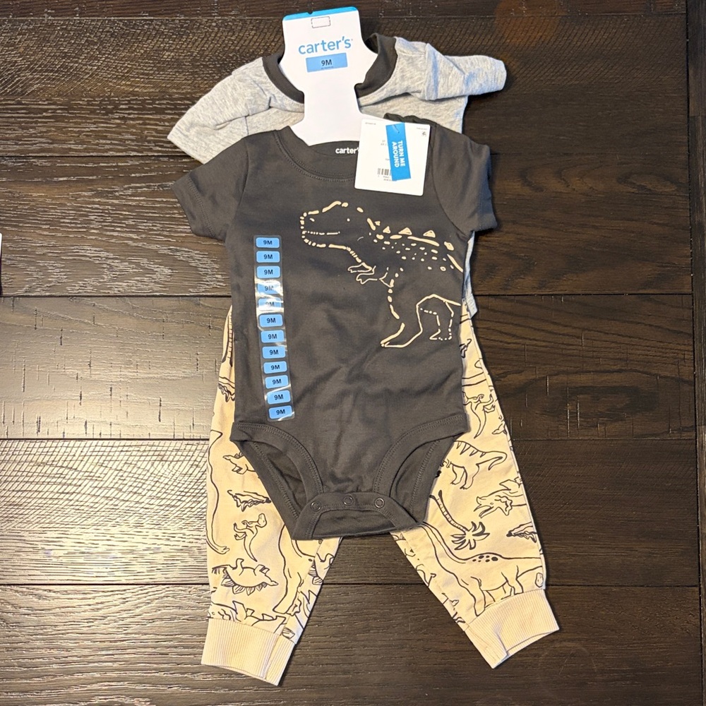 Carter's Gray and Tan Dinosaur Bodysuit Set